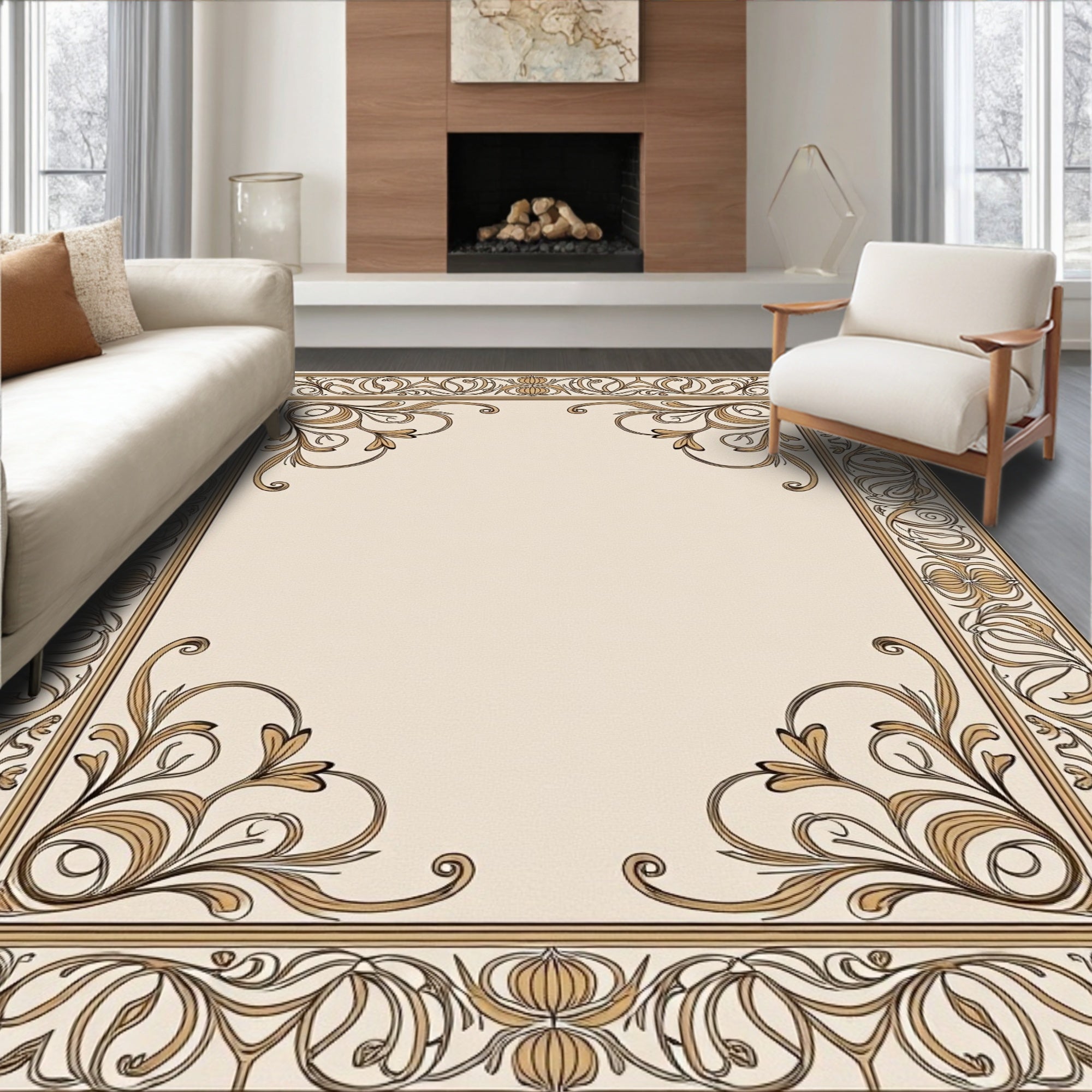 Elegant Cream Gold Floral Scroll Frame Rug