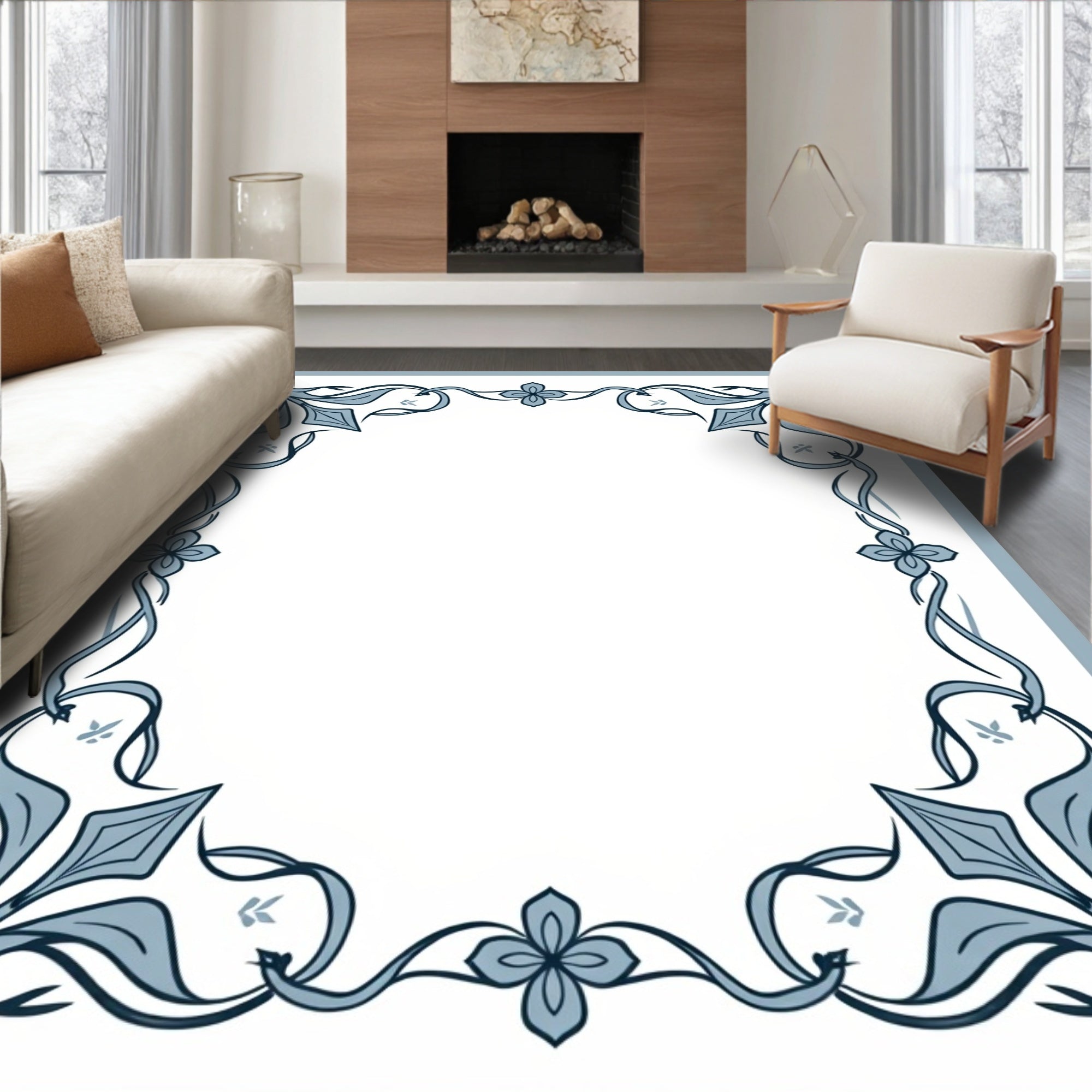 Art Nouveau Blue Floral Vine Border Rug