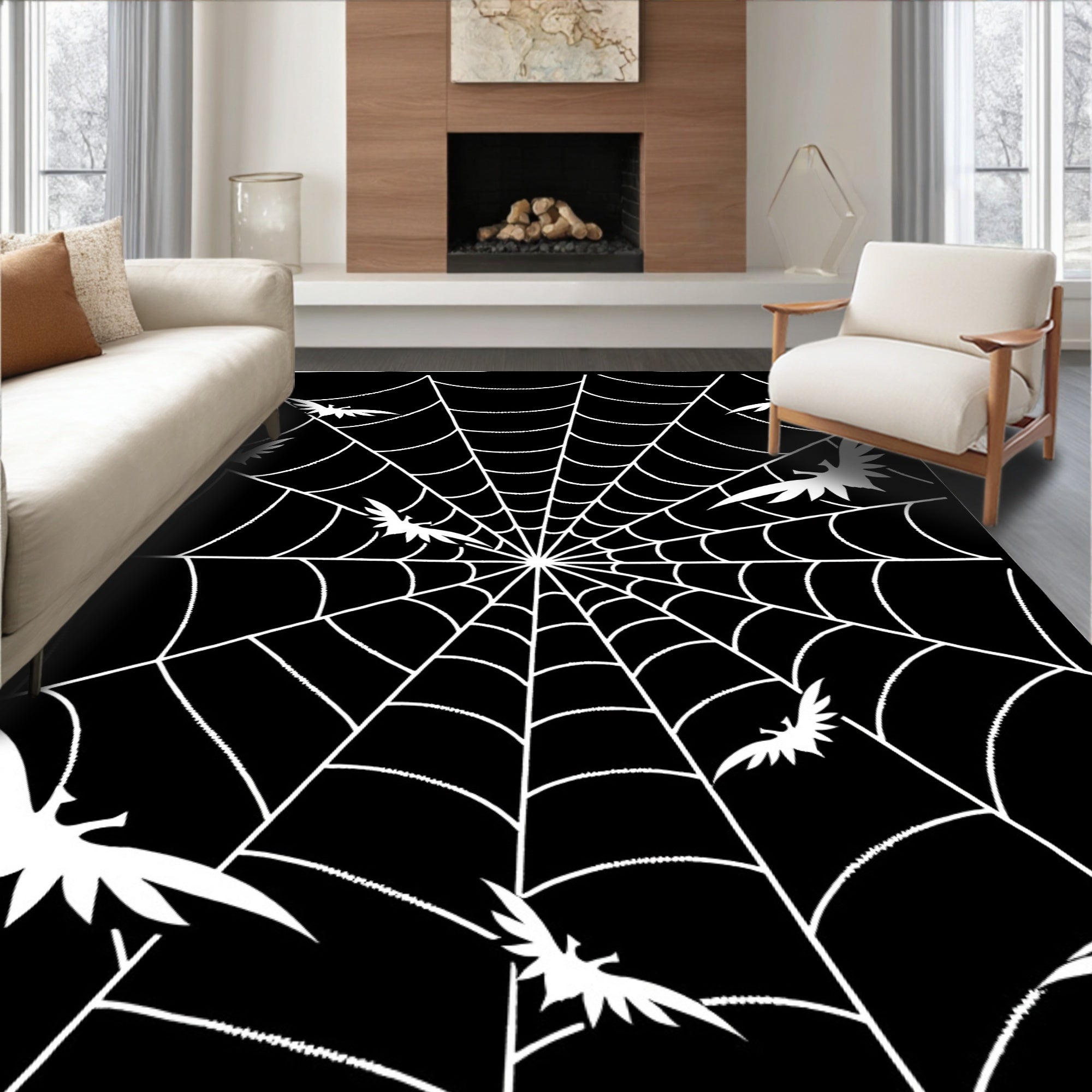 Black Bat Spiderweb Graphic Rug
