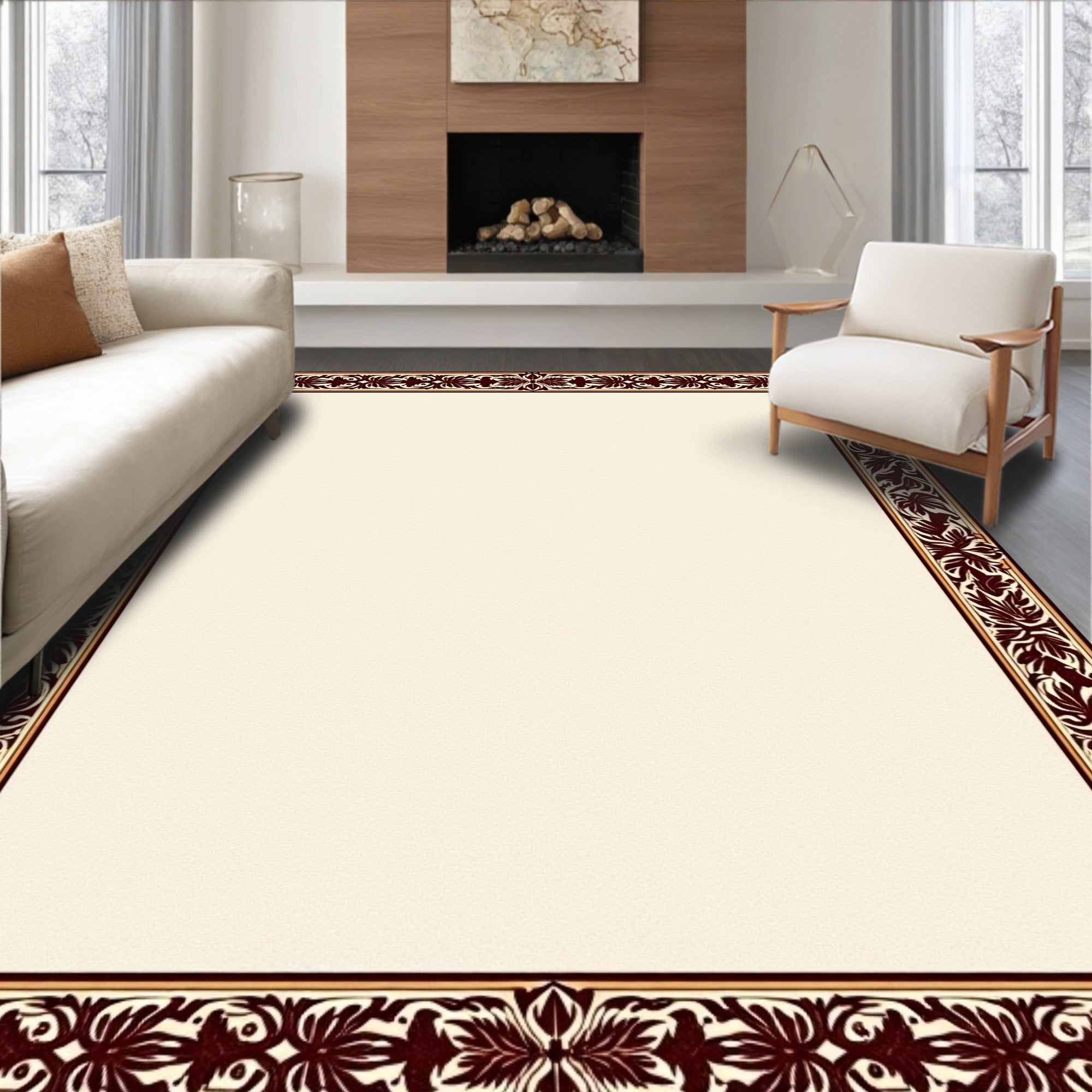 Rich Burgundy Scrollwork Floral Border Rug