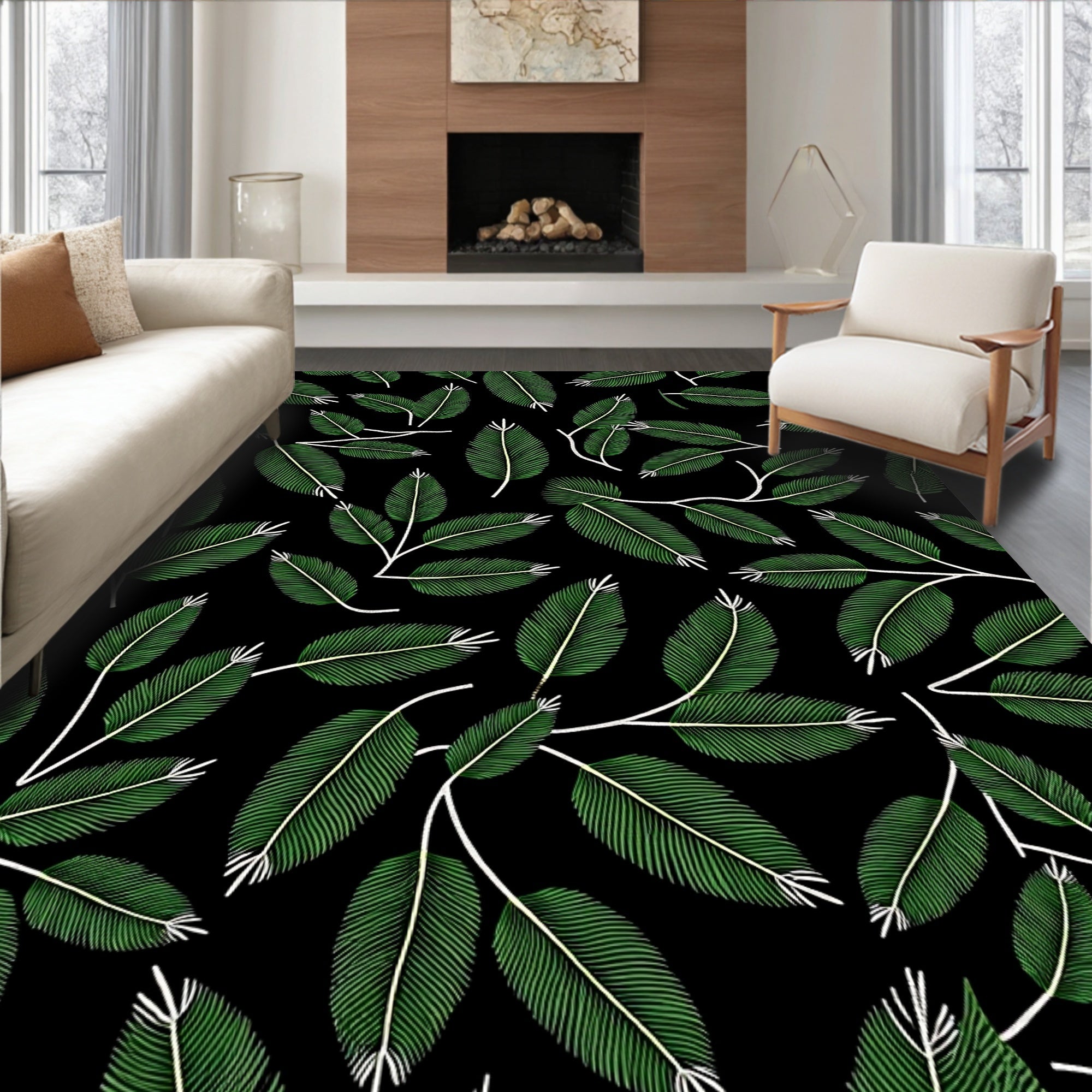 Green Leaf Branch Line Art Rug