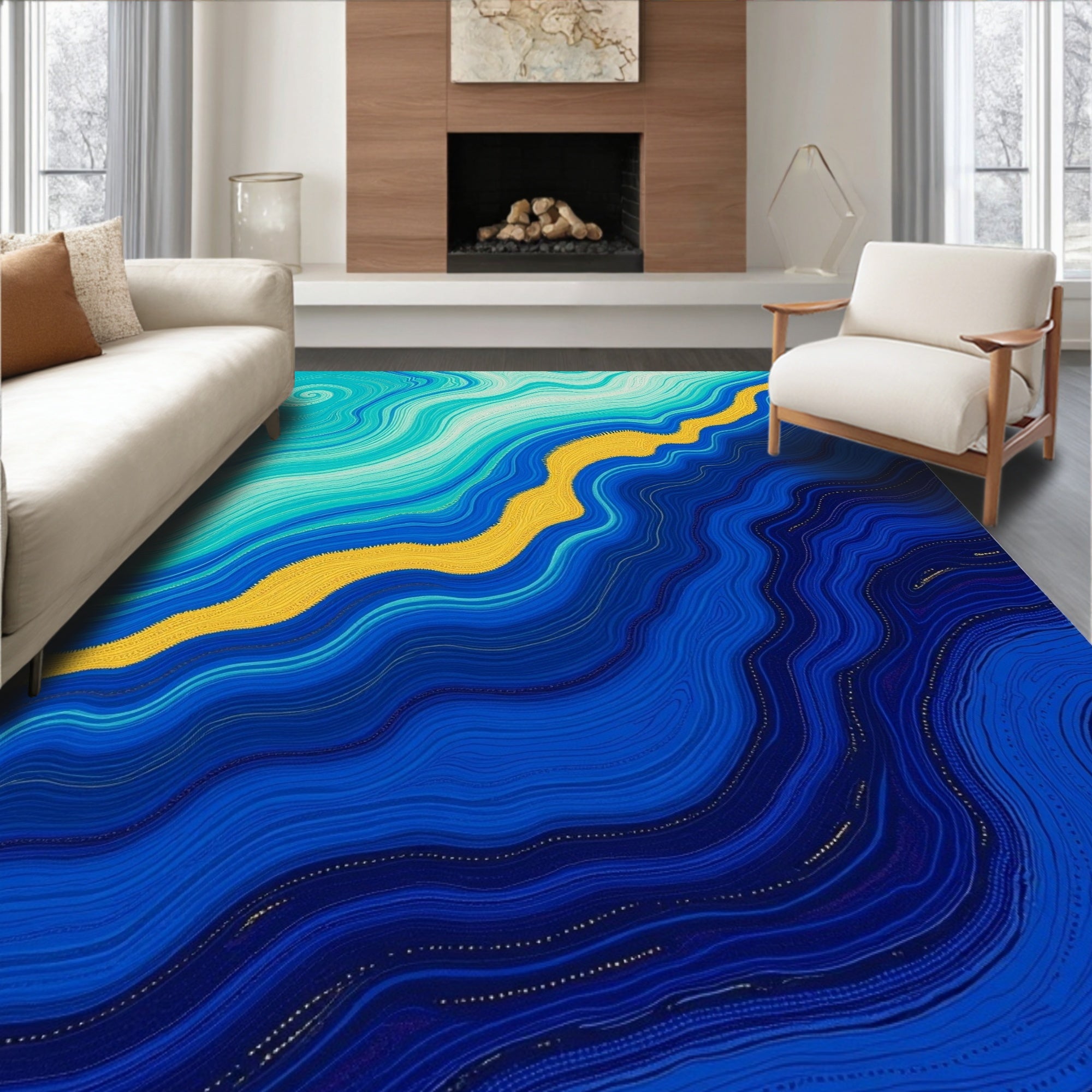 Cool Blue Gold Wavy Lines Rug