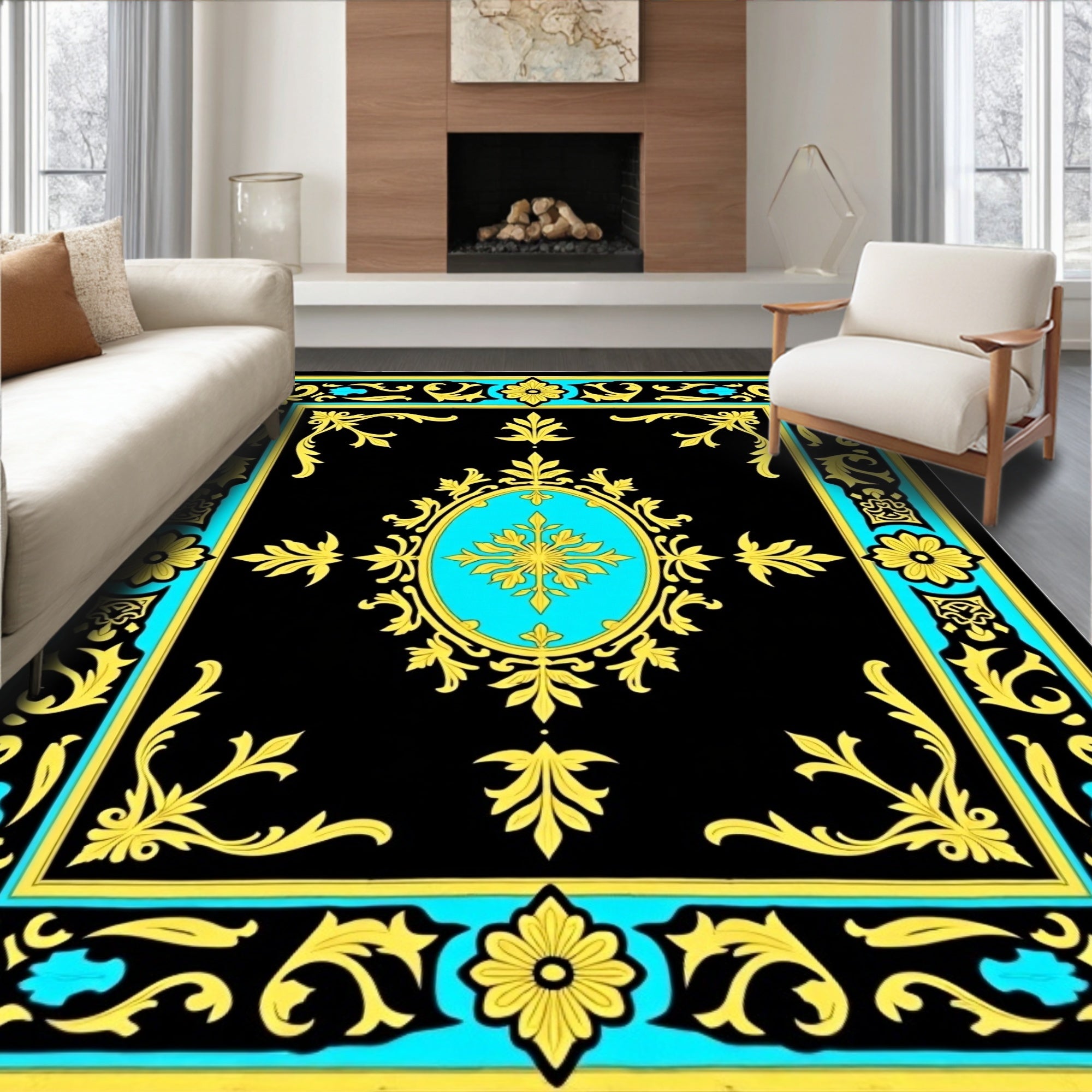 Onyx Turquoise Gold Scroll Border Rug