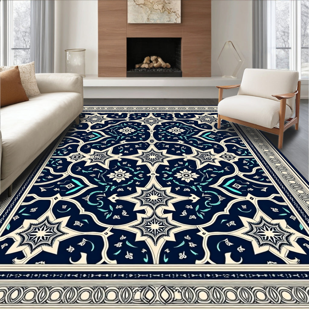 Cream and Teal Starburst Floral Medallion Rug