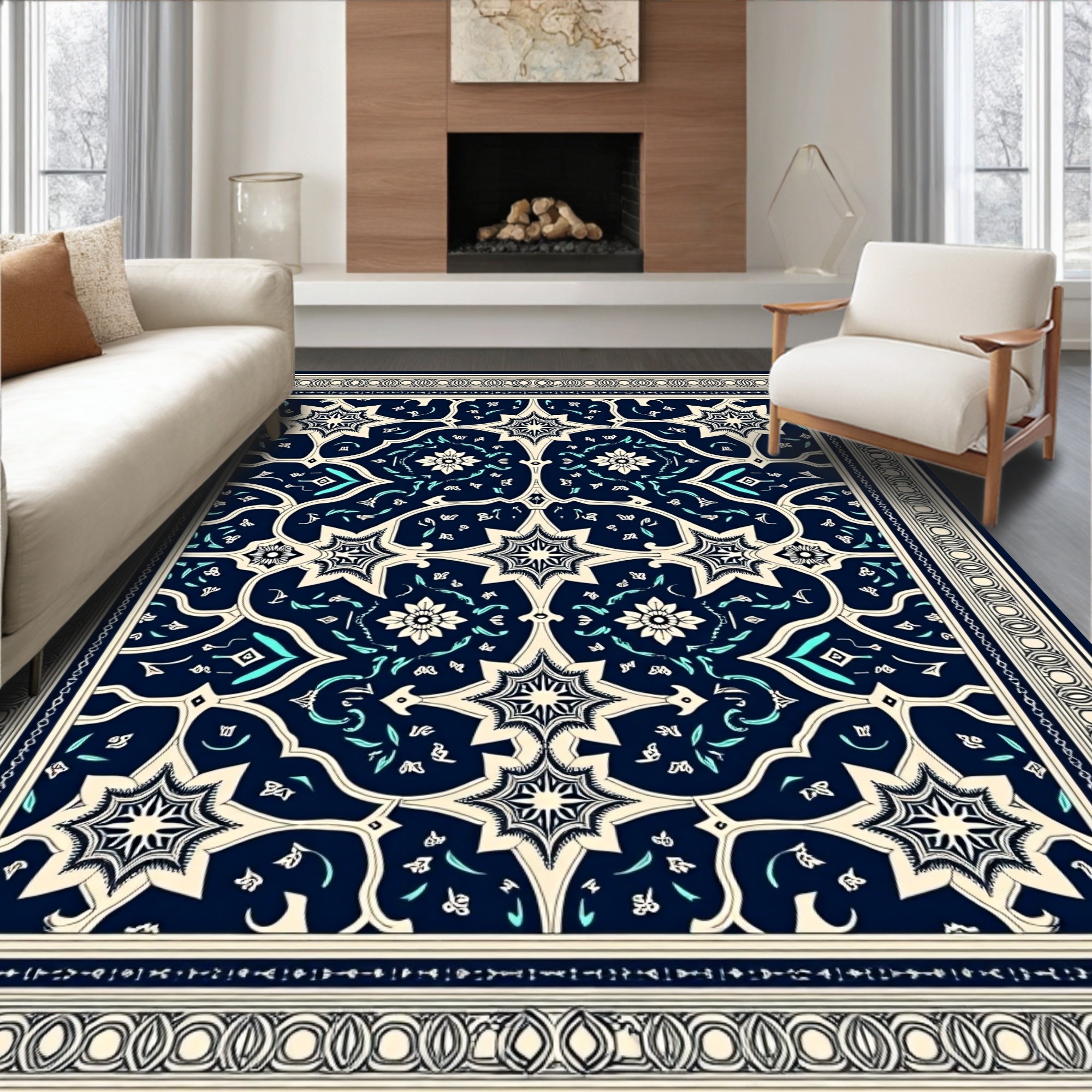 Cream and Teal Starburst Floral Medallion Rug