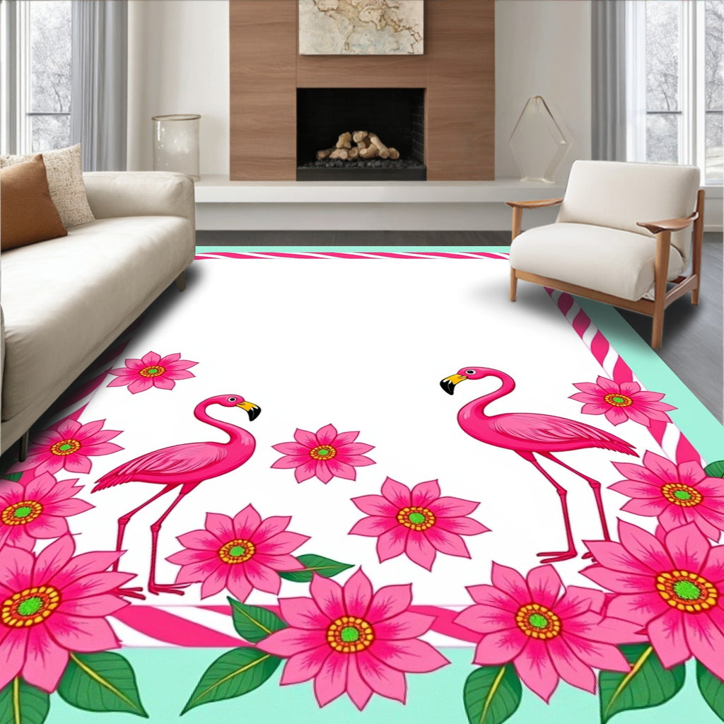 Pink Flamingo Tropical Floral Border Rug