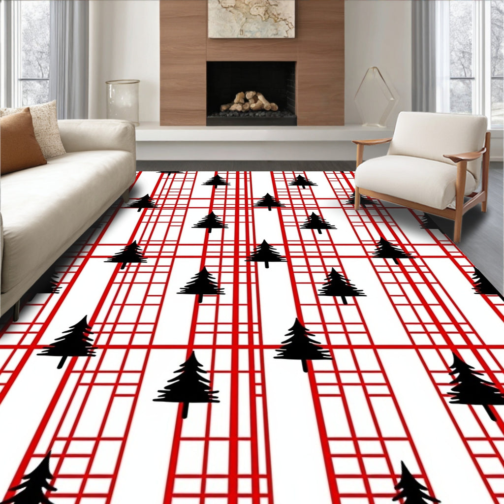 Red White Plaid Pine Trees Rug