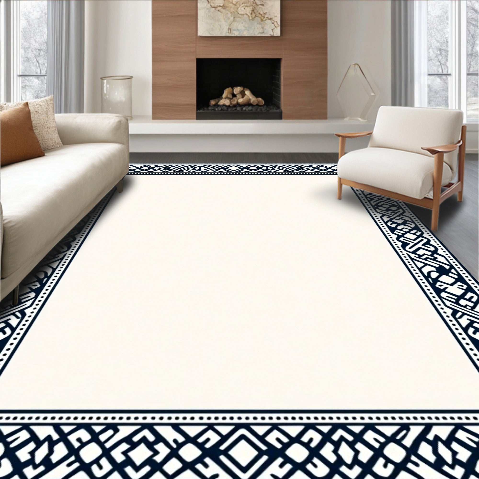 Navy Blue Interlocking Geometric Border Rug