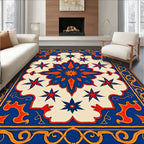 Orange Blue Starburst Medallion Border Layout Rug