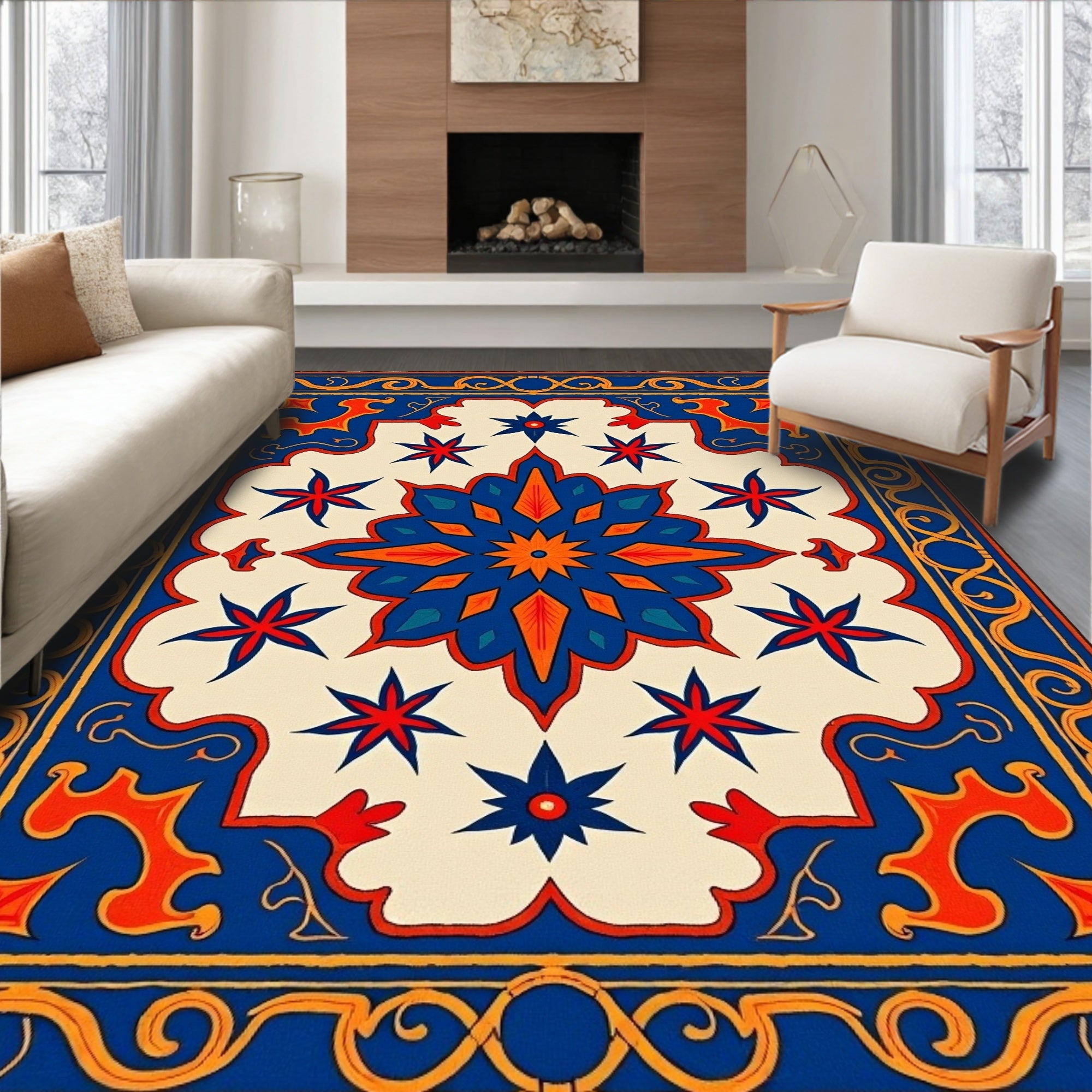 Orange Blue Starburst Medallion Border Layout Rug