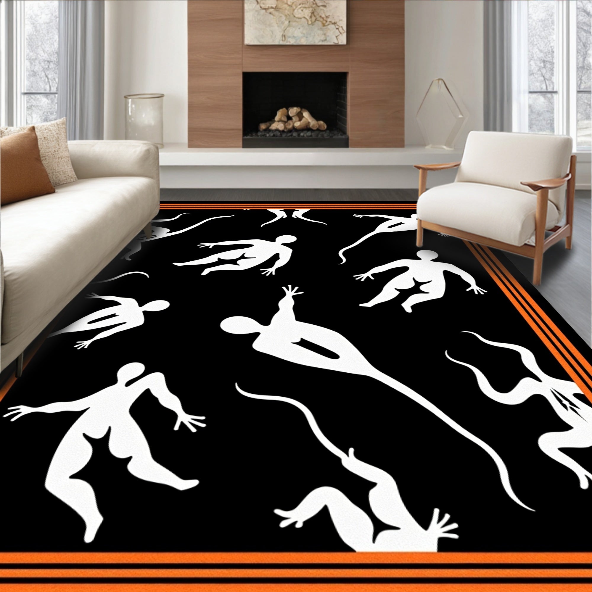 Orange Black Abstract Human Figures Rug