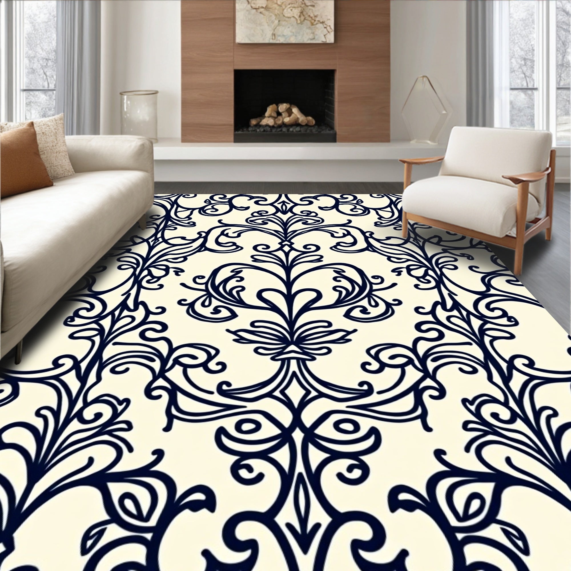 Navy Ivory Acanthus Flourish Ornament Rug