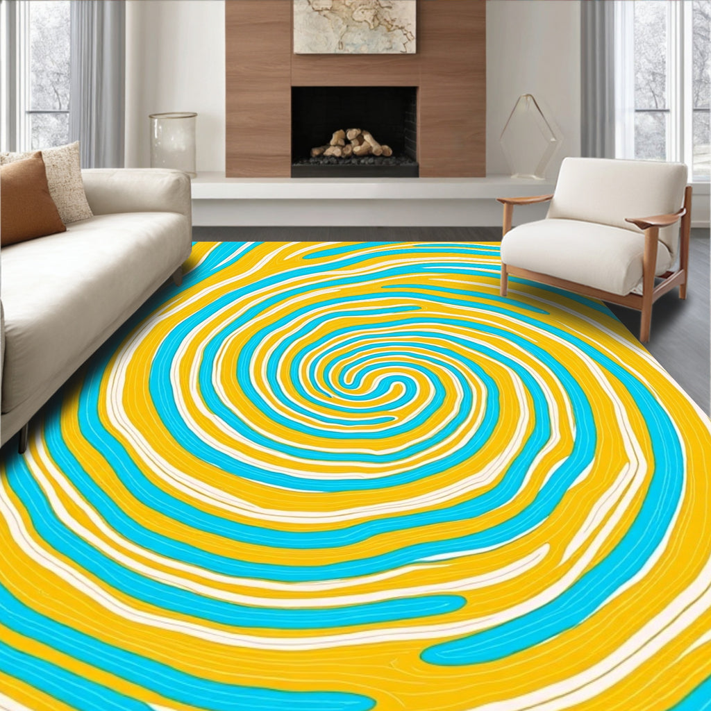 Vibrant Yellow Aqua Swirl Spiral Rug