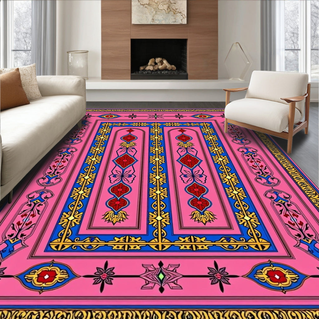 Pink Blue Yellow Floral Medallion Rectangular Rug