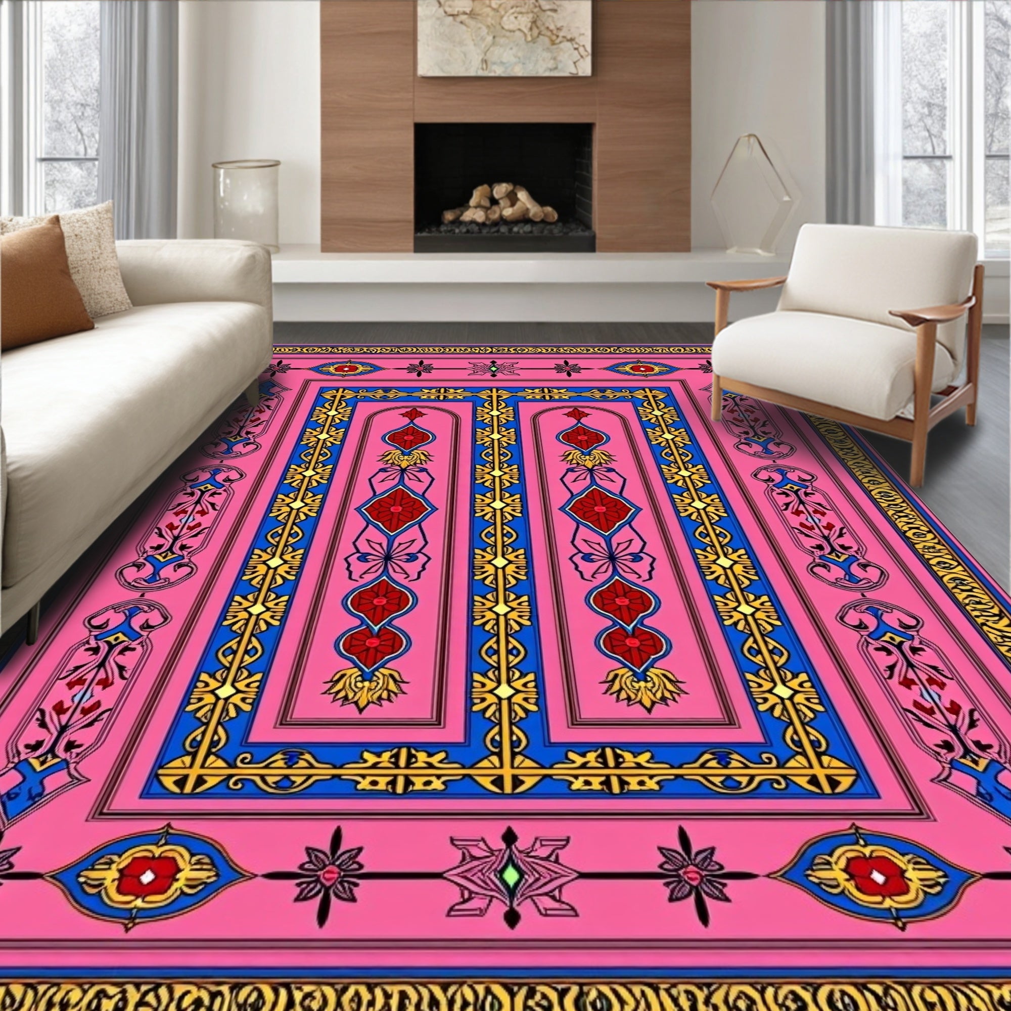 Pink Blue Yellow Floral Medallion Rectangular Rug