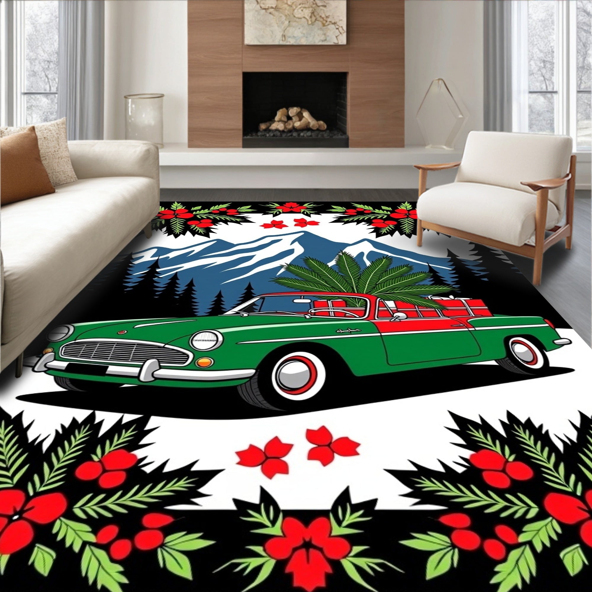 Vintage Red Green Truck Holiday Scene Rug