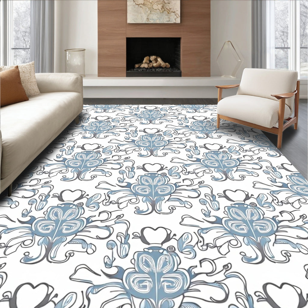 Ornate Blue Heart Scrollwork Rug