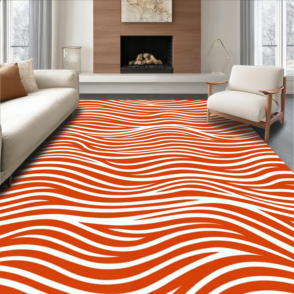 Vibrant Orange White Wave Lines Rug