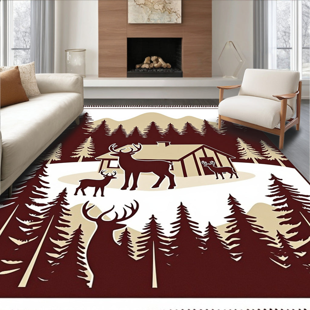 Woodland Cabin Deer Forest Scene Rug