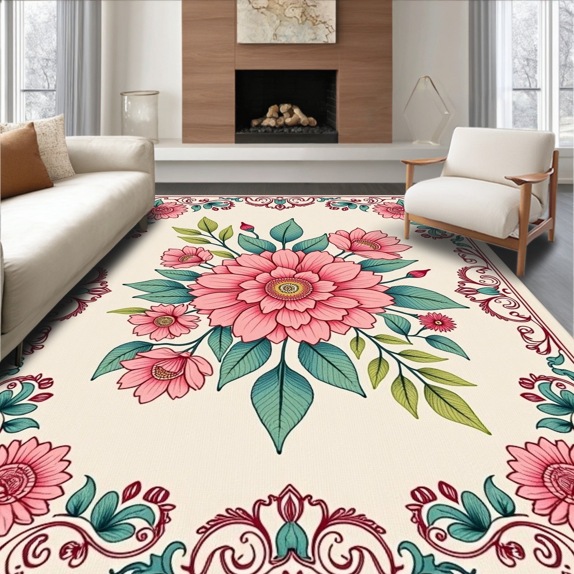 Vintage Pink Floral Garden Swirl Rug