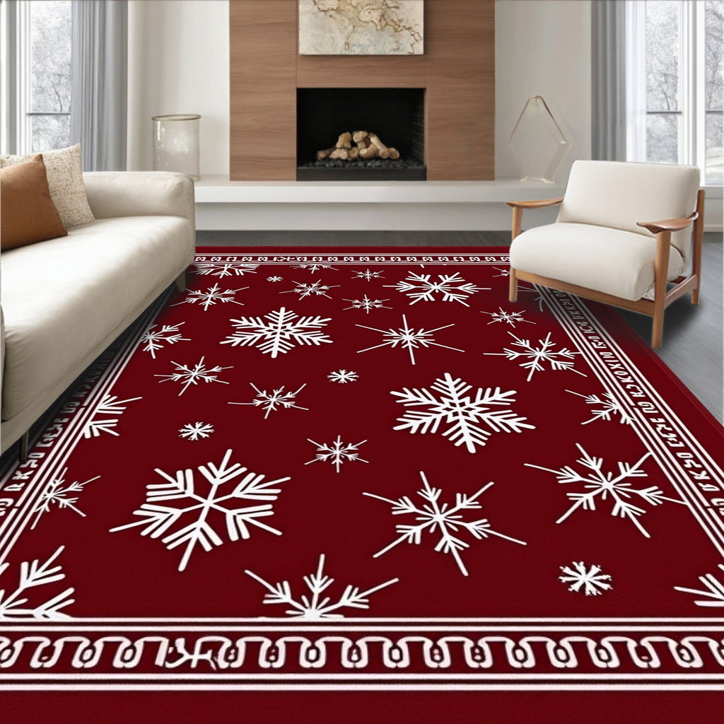 Crimson White Snowflake Holiday Rug