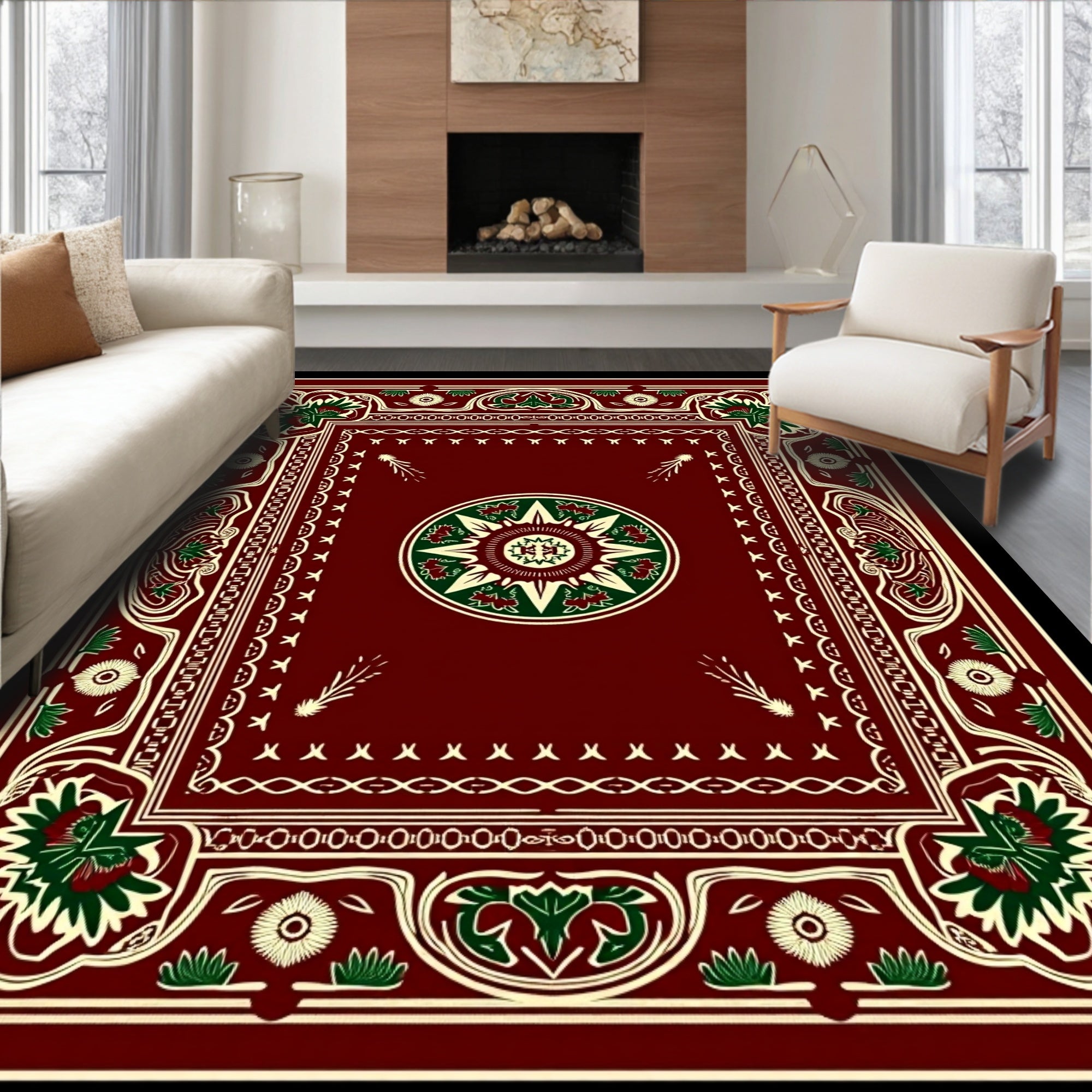 Rich Crimson Green Geometric Medallion Rug