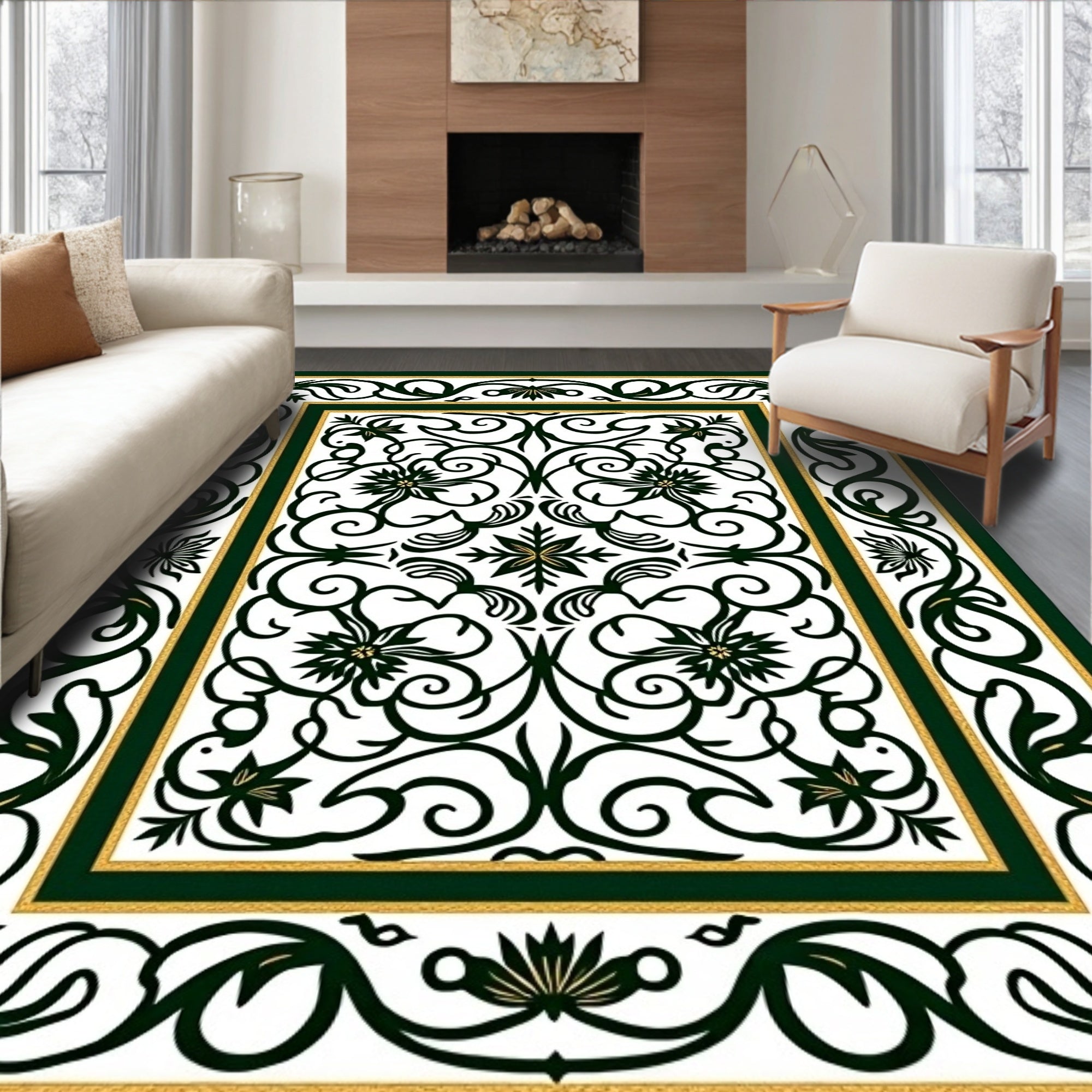 Elegant Green Gold Floral Scroll Rug