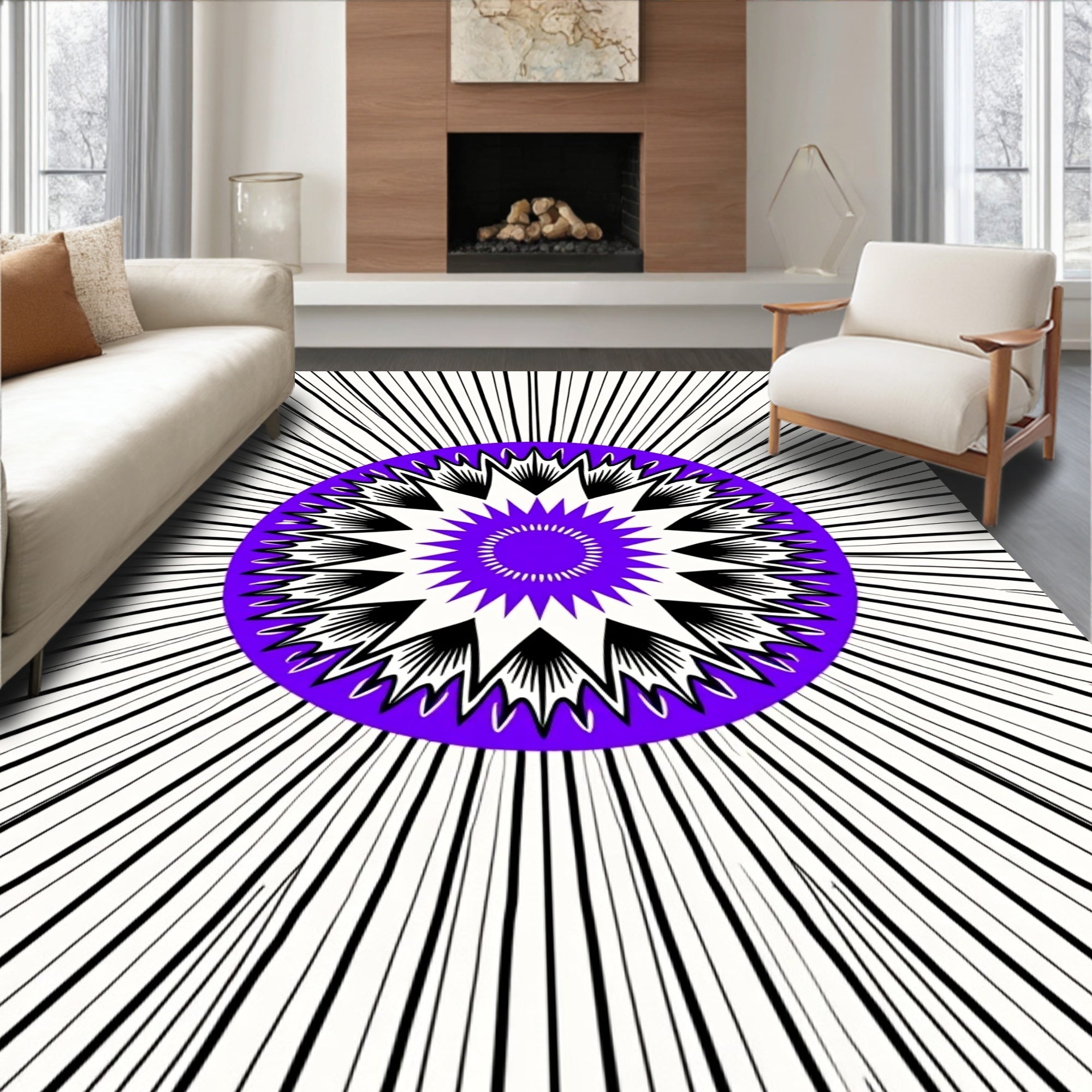 Radiant Black White Purple Starburst Rug