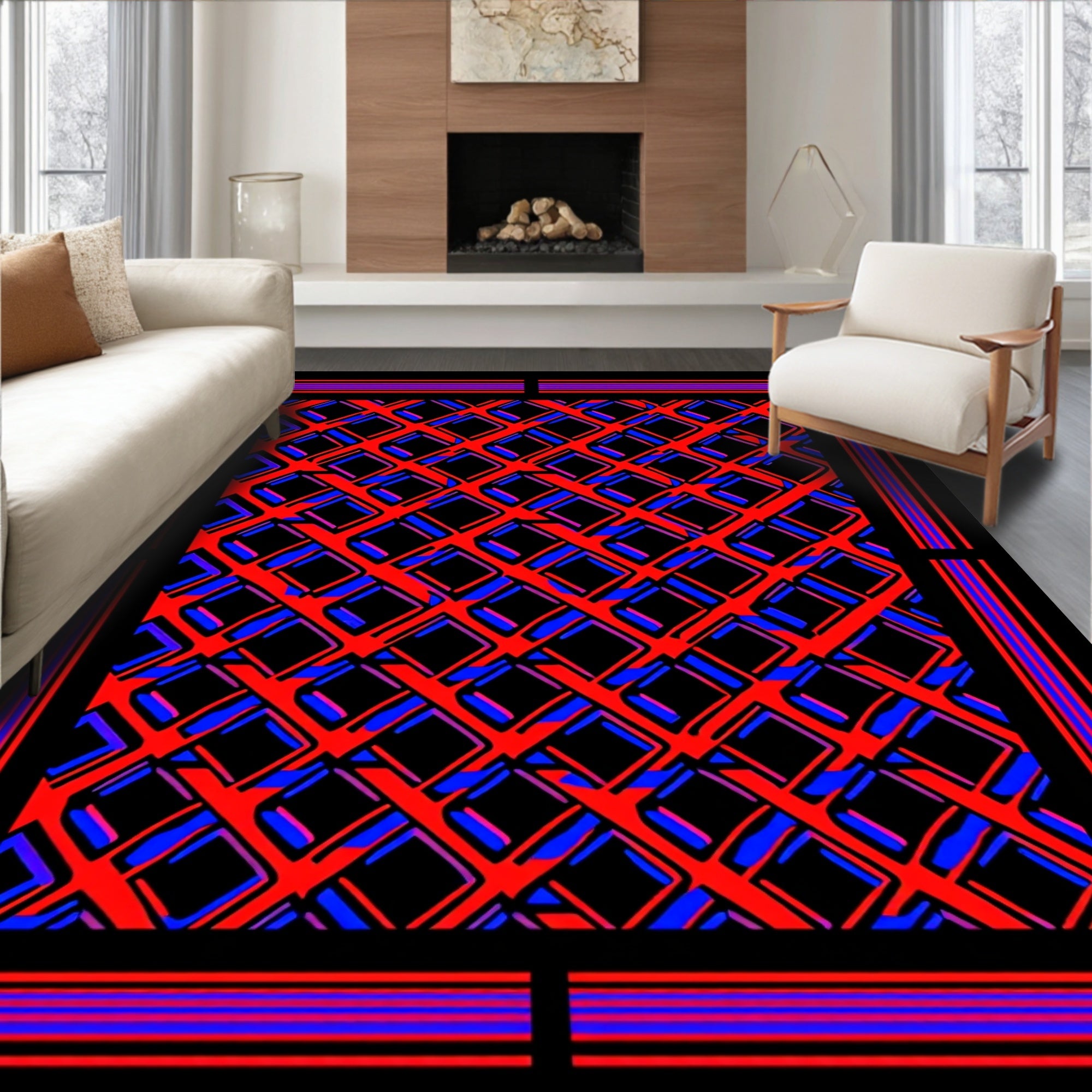 Dramatic Red Blue Intersecting Squares Rug
