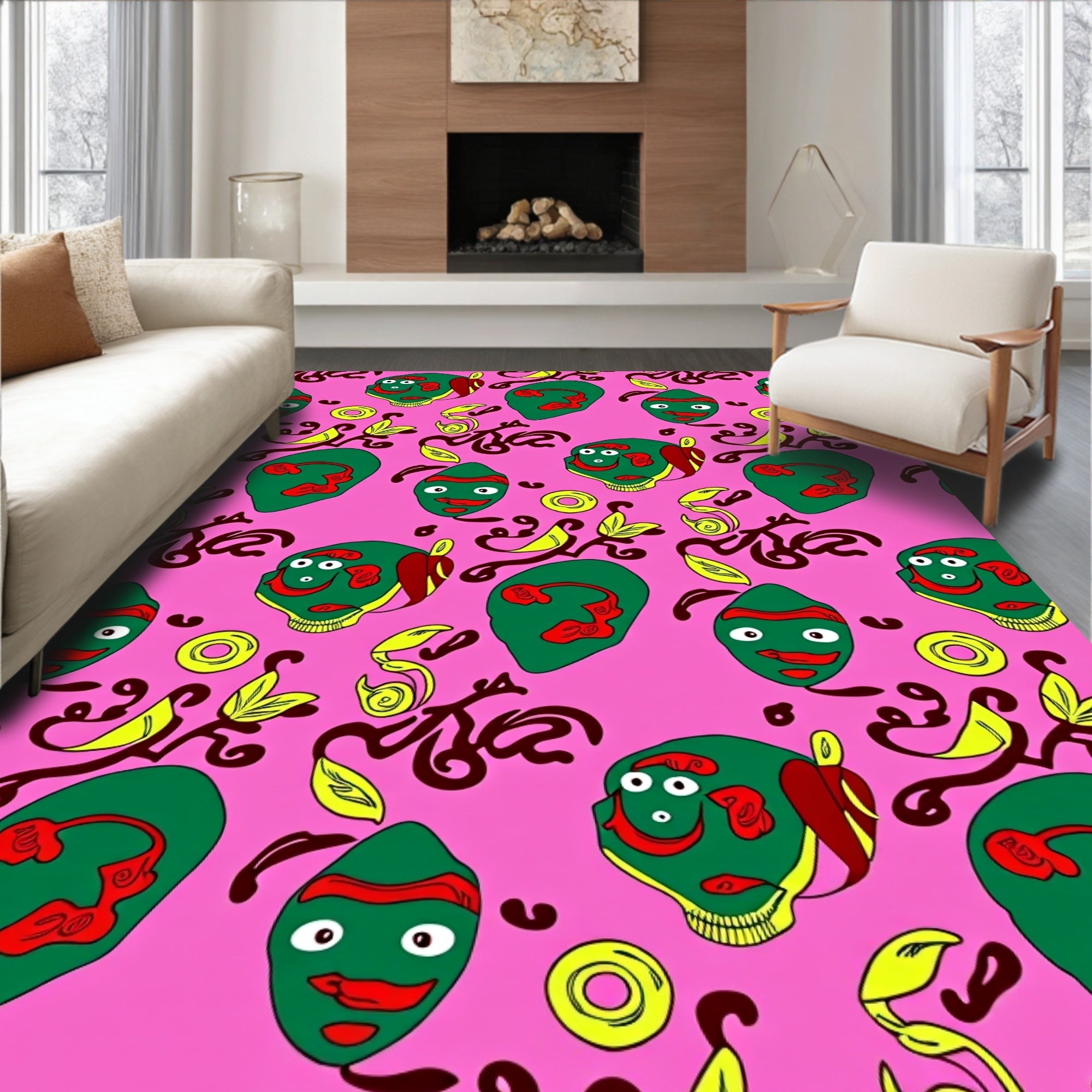 Whimsical Green Figures Scarlet Pink Rug