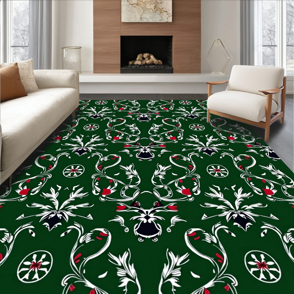 Emerald Green White Red Floral Scroll Rug