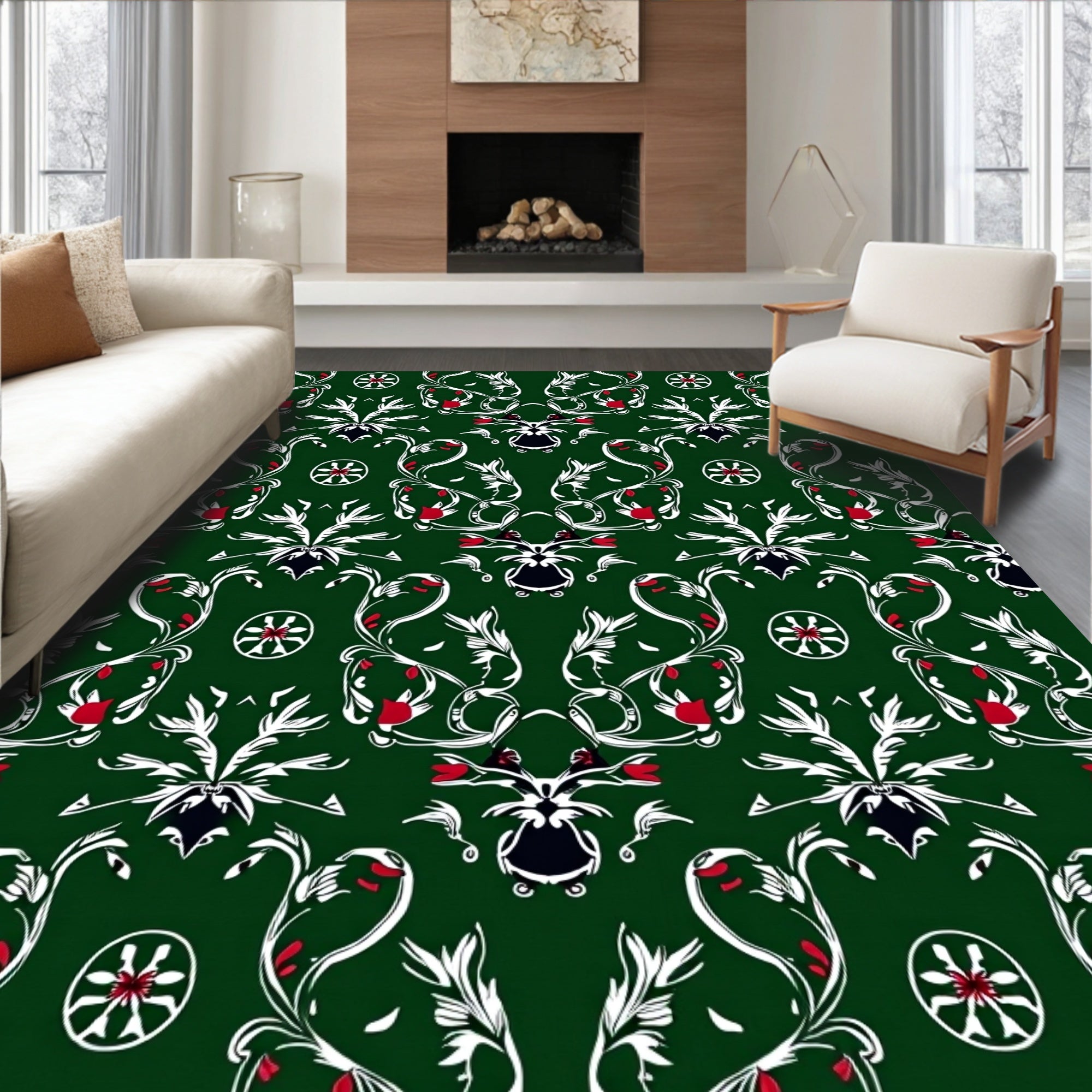 Emerald Green White Red Floral Scroll Rug