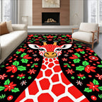Red Giraffe Poinsettia Holly Christmas Rug