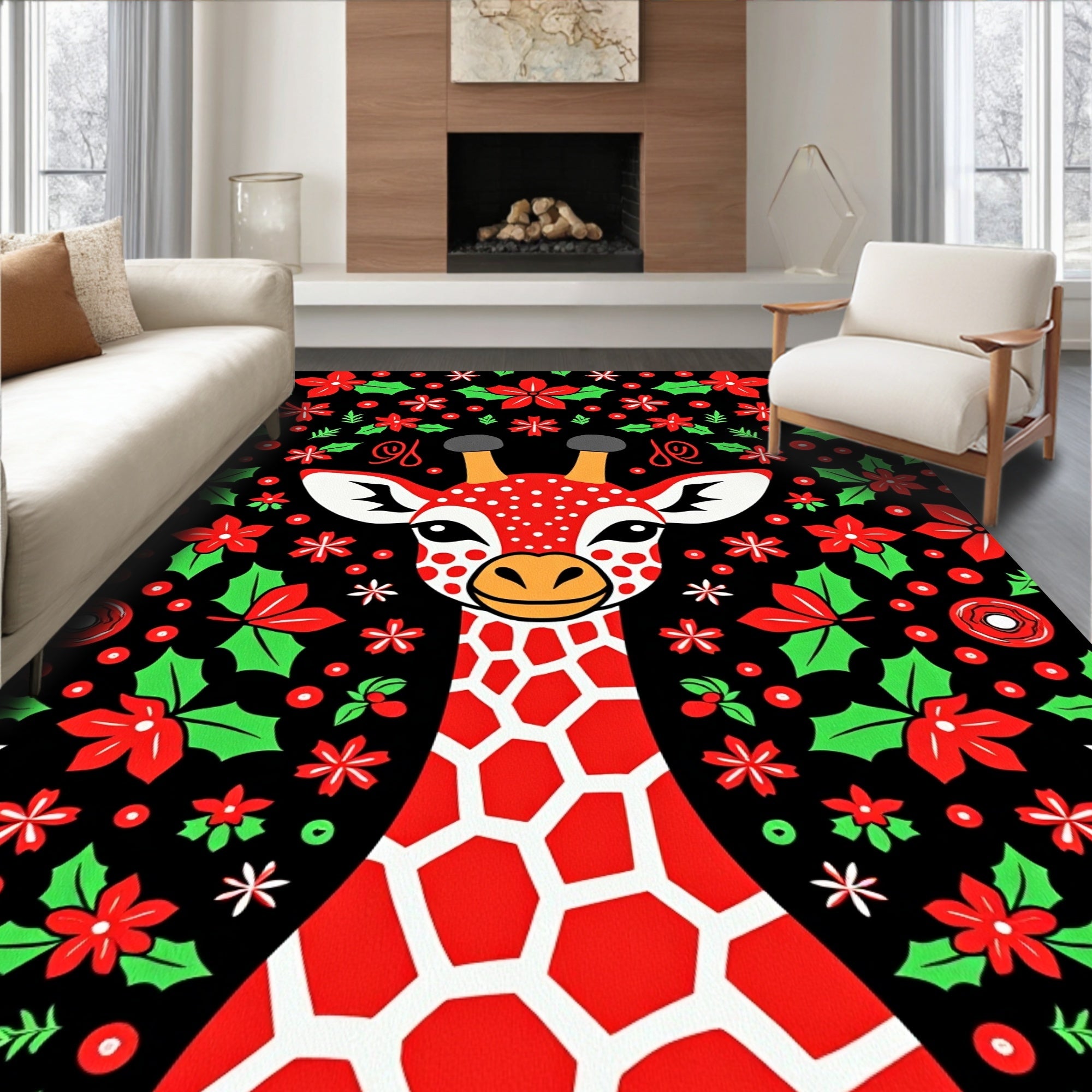 Red Giraffe Poinsettia Holly Christmas Rug