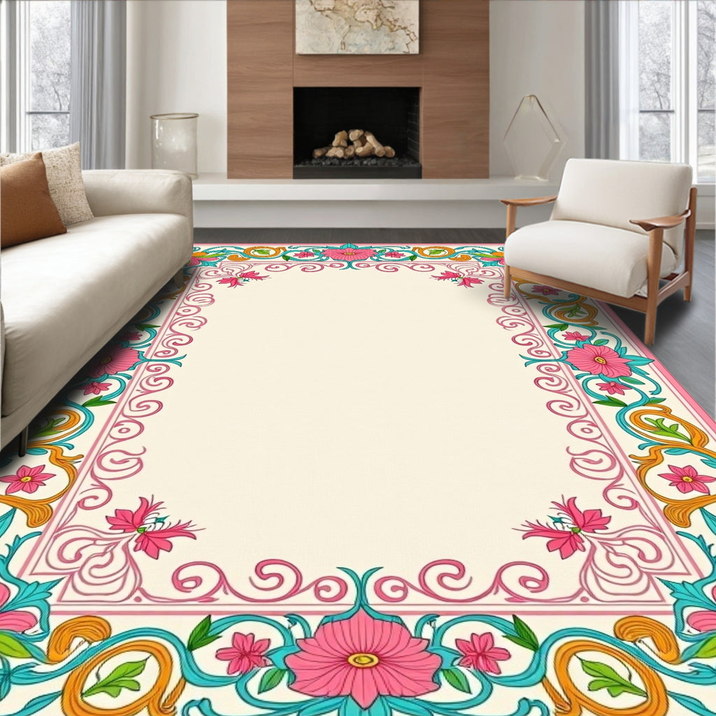 Pink Teal Coral Blooming Scrollwork Rug