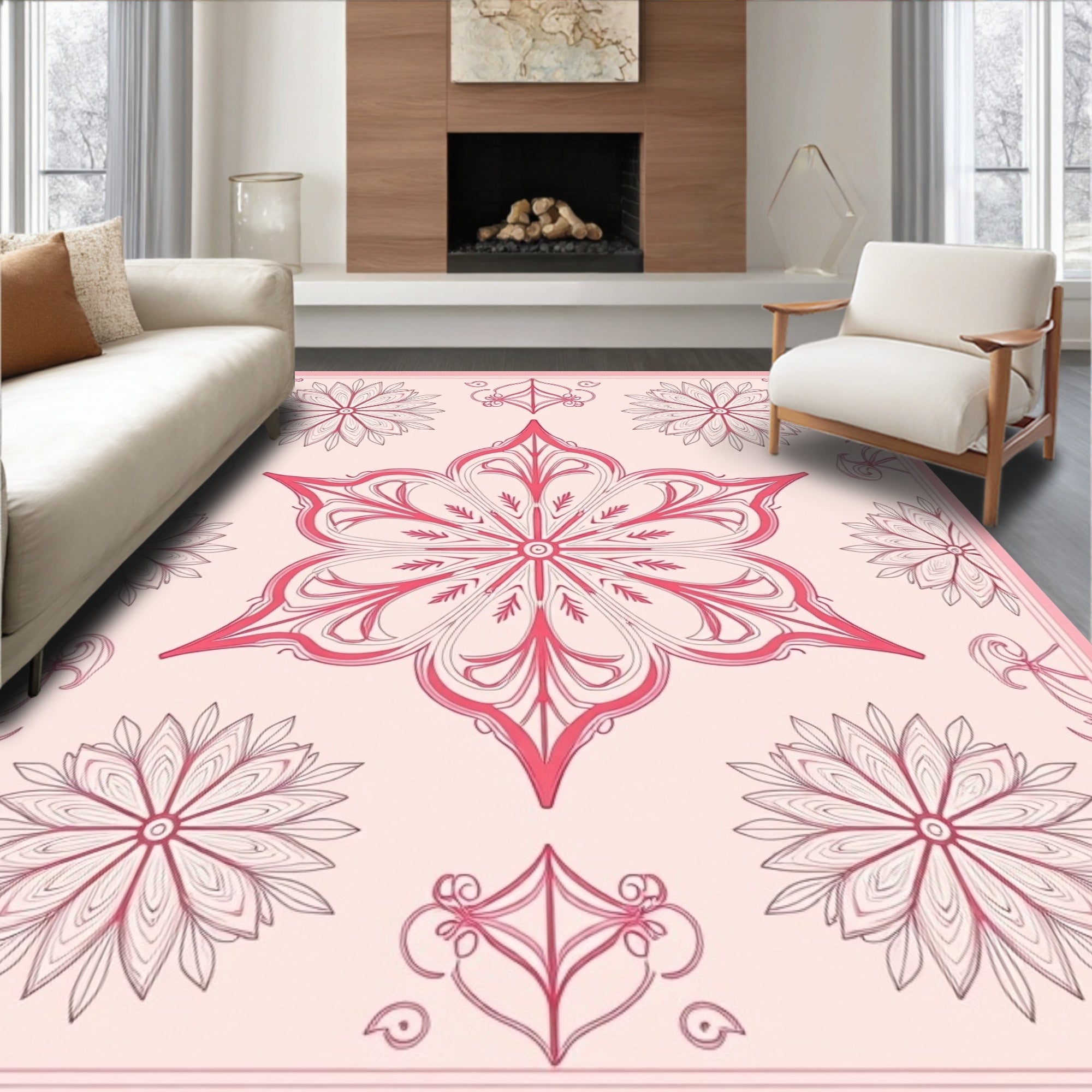 Coral Pink Floral Mandala Rug