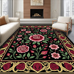 Ornate Black Floral Rose Garland Rug