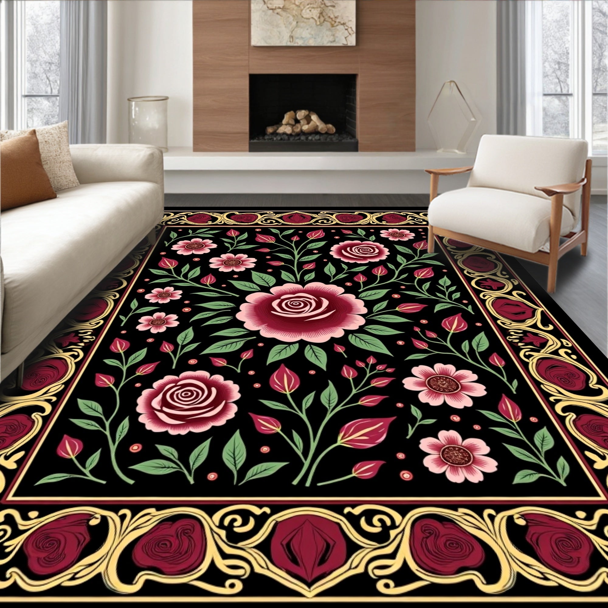 Ornate Black Floral Rose Garland Rug