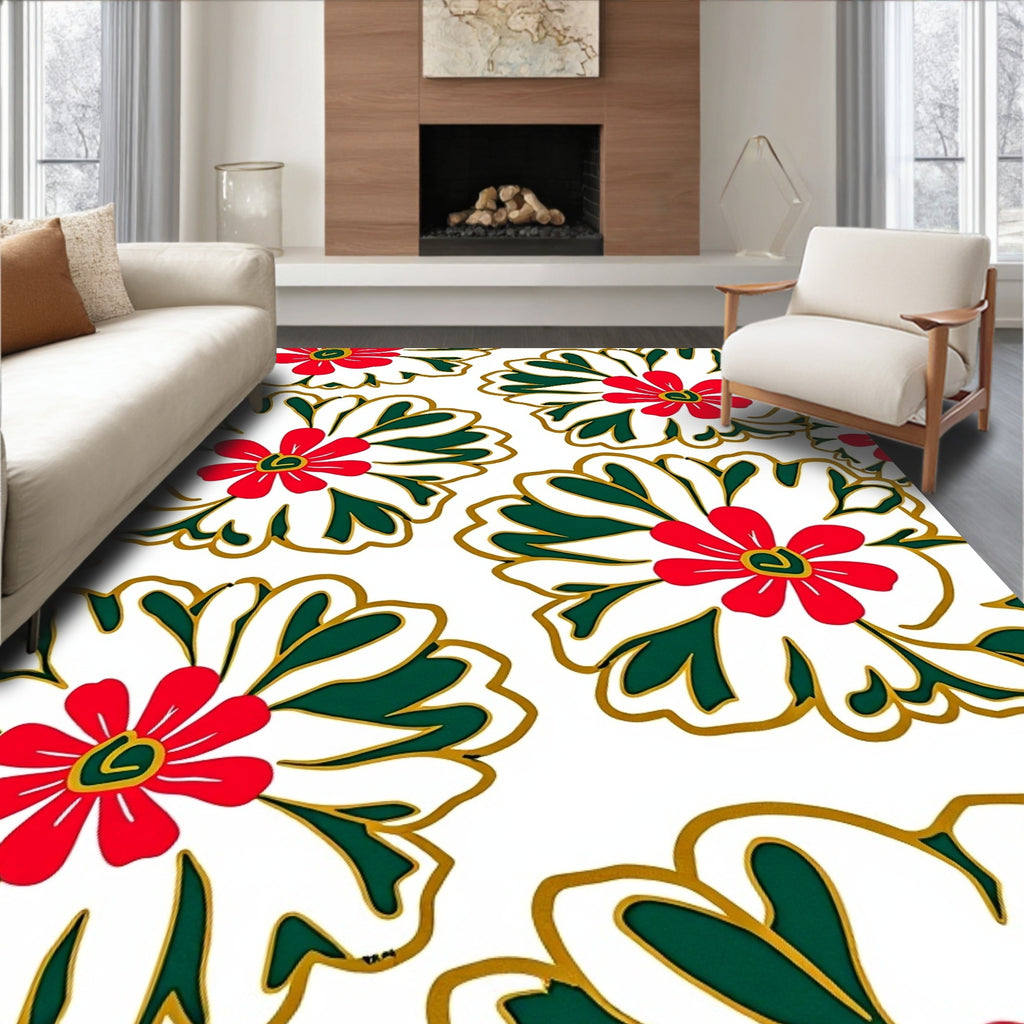 Red White Green Floral Outline Rug