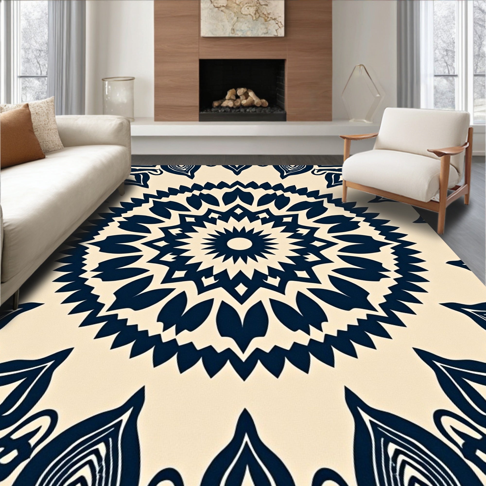 Navy Blue Floral Medallion Art Rug