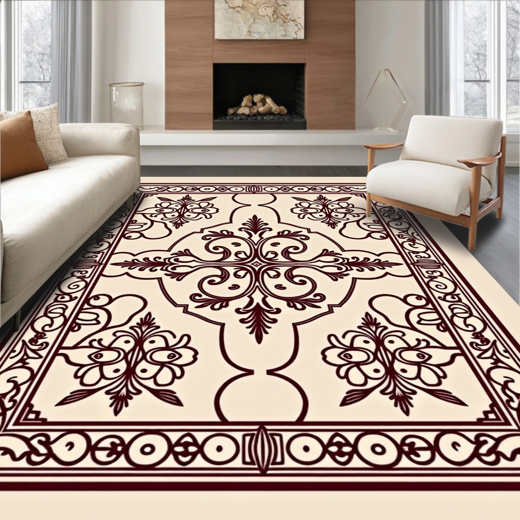 Ornate Burgundy Floral Scrollwork Medallion Rug