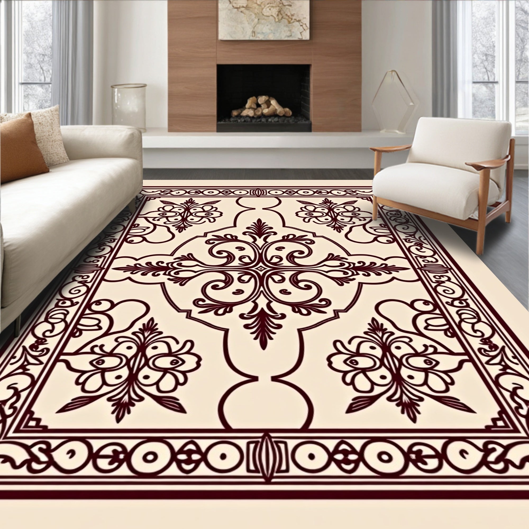 Ornate Burgundy Floral Scrollwork Medallion Rug