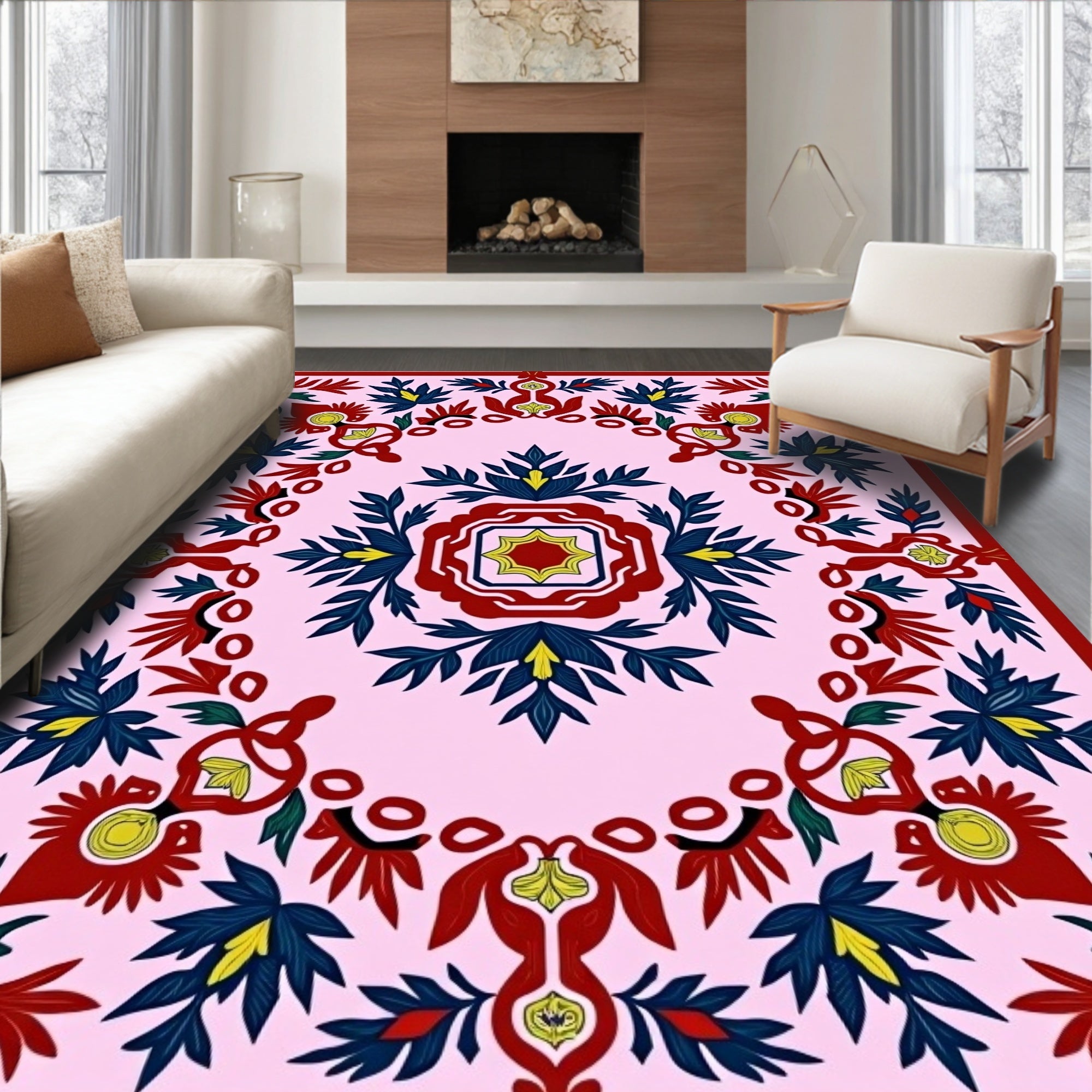 Rich Crimson Floral Medallion Pink Rug