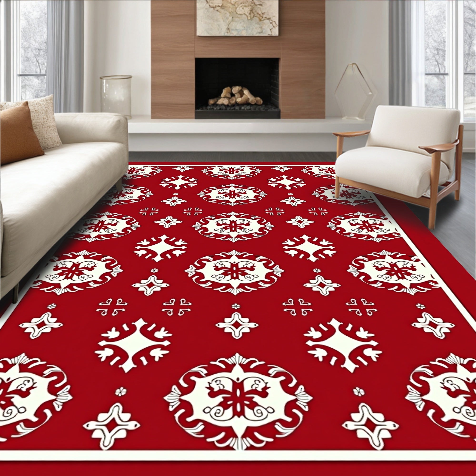 Crimson White Flourish Medallion Arrangement Rug