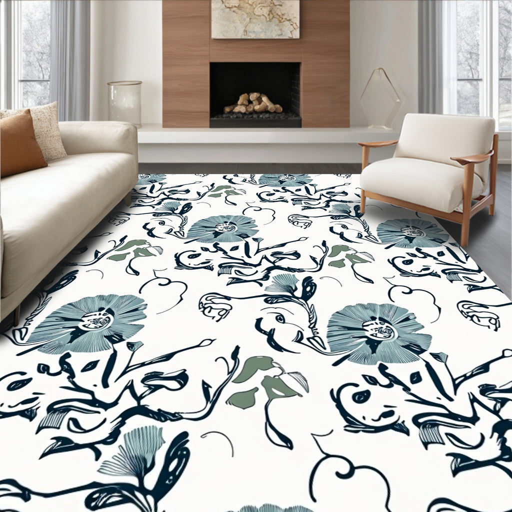 Textured Teal and Navy Floral Swirl Rug