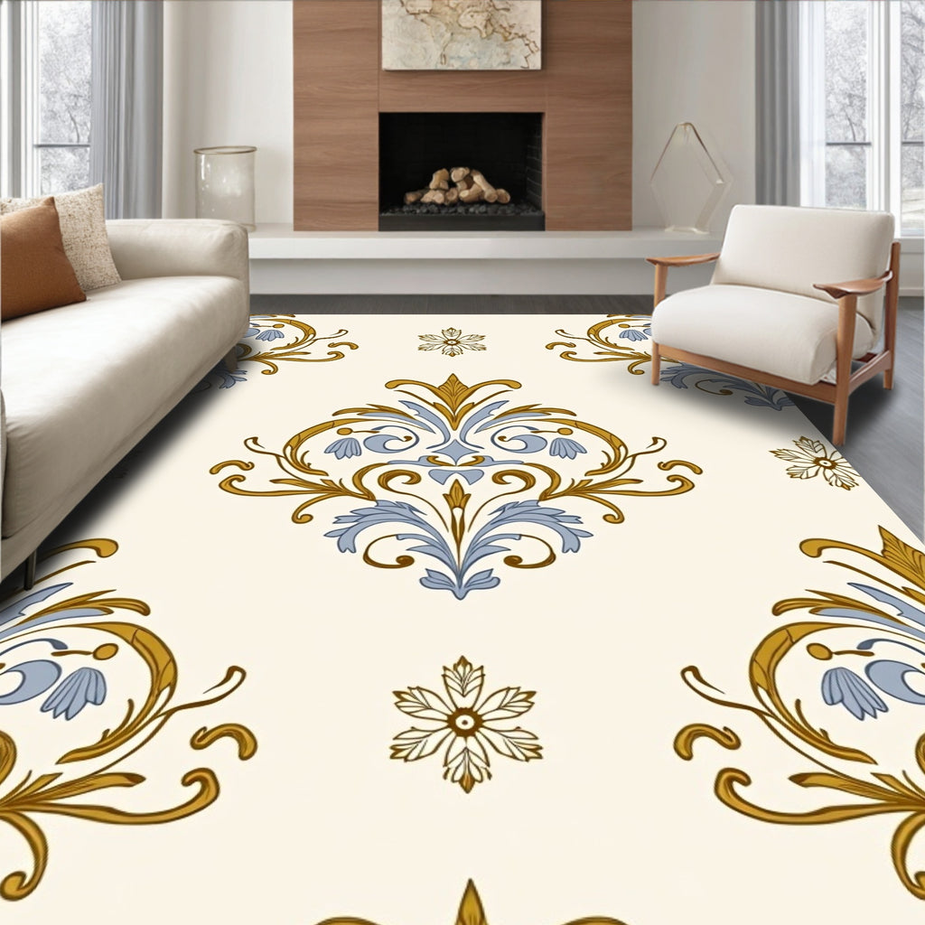 Golden Blue Scrollwork Floral Medallion Rug