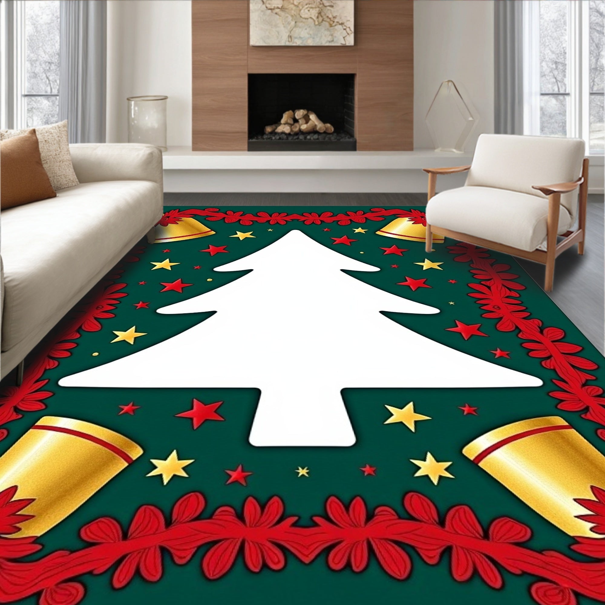 Festive Green White Tree Golden Bells Rug
