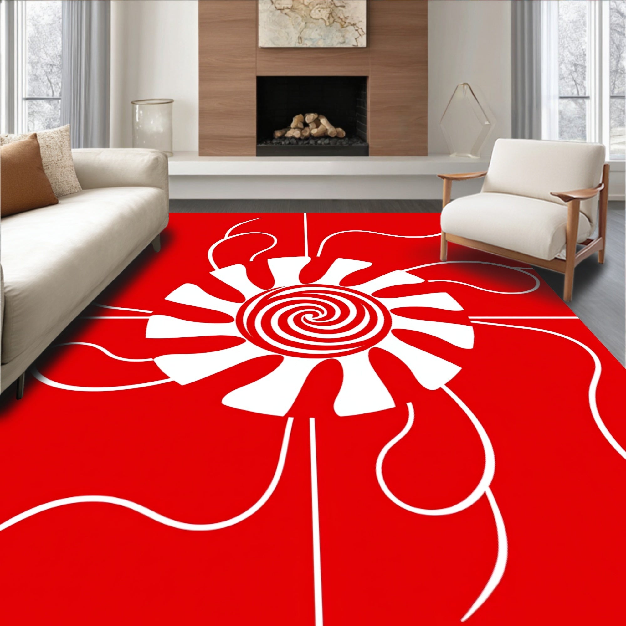 Bold Red Sun Swirl Petal Graphic Rug