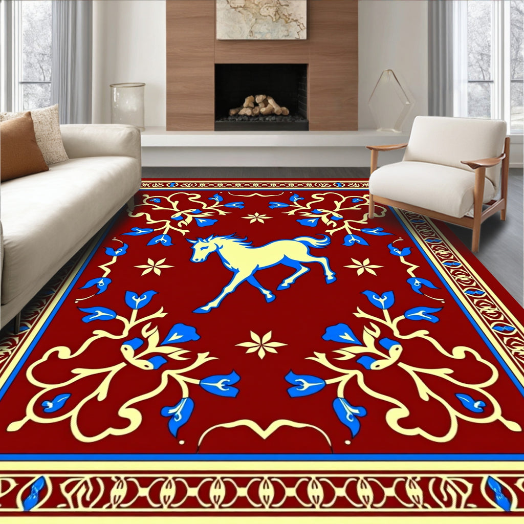 Crimson Yellow Blue Horse Border Rug