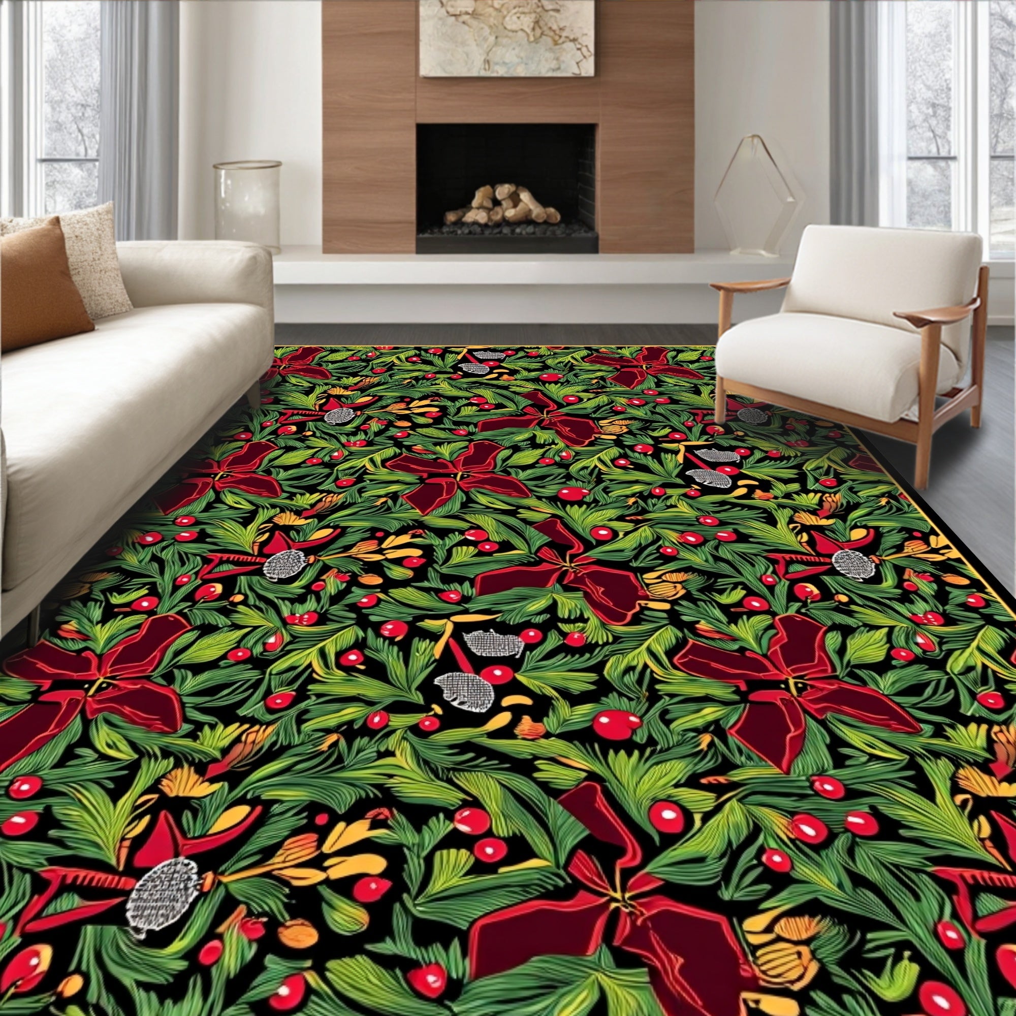 Rich Red Poinsettia Festive Evergreen Garland Rug